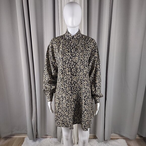Express Silk Womens 100% Silk Black, Brown Floral Pattern Button Down Dress Sz S - Picture 1 of 12
